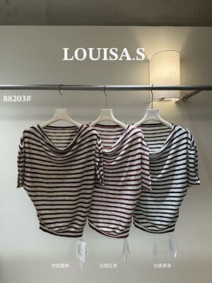LOUISA.S韩系设计感条纹斜肩短袖T恤女夏季26新款一字肩针织上衣