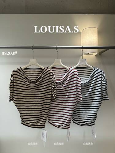 LOUISA.S韩系设计感条纹斜肩短袖T恤女夏季26新款一字肩针织上衣