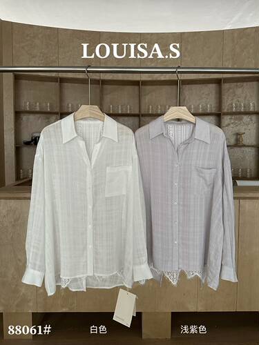 LOUISA.S纯欲风蕾丝拼接后开衩长袖衬衫女春季26新款亚麻天丝衬衣