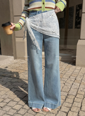 ZONANA左那那韩版设计感蕾丝屁帘微喇牛仔裤女春季2026新款拖地裤