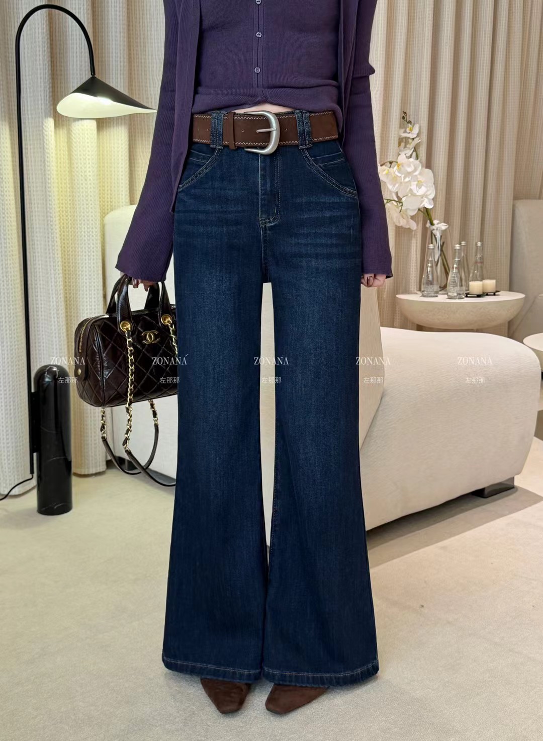 ZONANA左那那韩系高腰加绒微喇牛仔裤女冬季2025新款百搭拖地裤潮