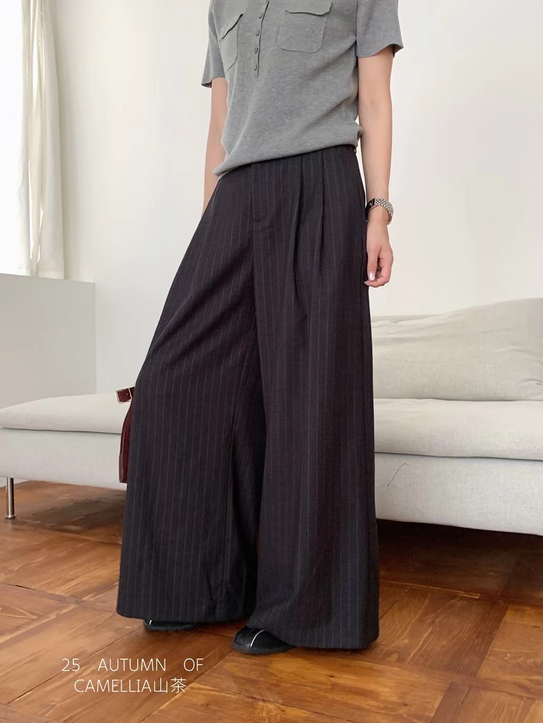 CAMELLIA山茶欧货韩系高腰条纹阔腿裤女25秋季宽松百搭休闲裤长裤
