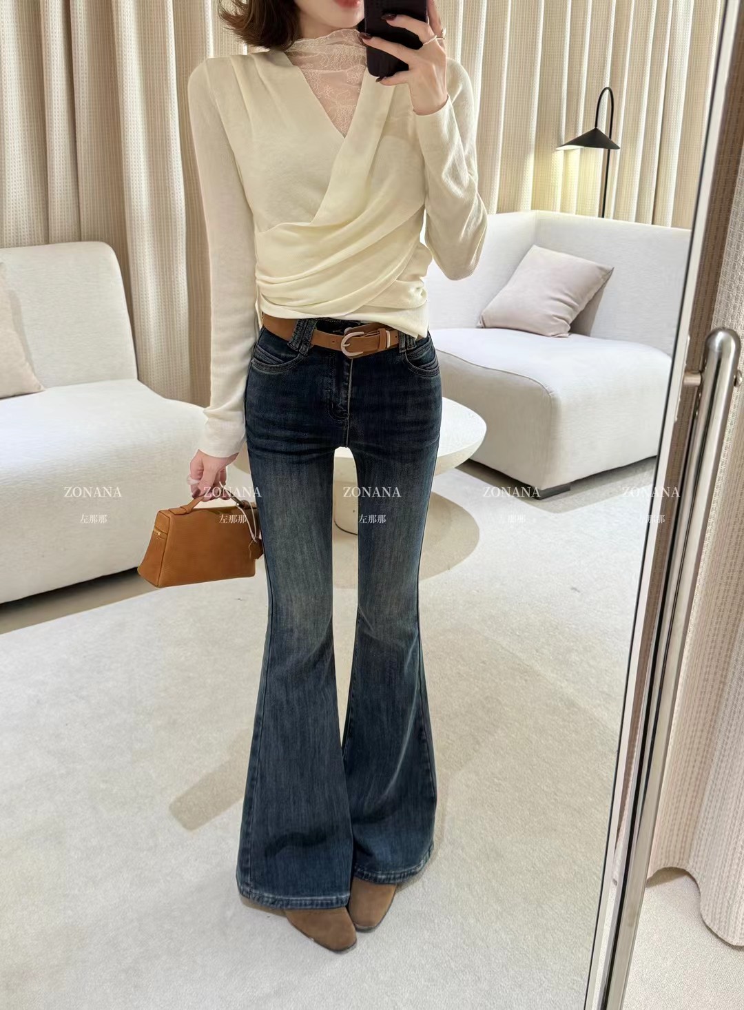 ZONANA左那那韩版辣妹高腰加绒修身微喇牛仔裤女冬季25新款拖地裤