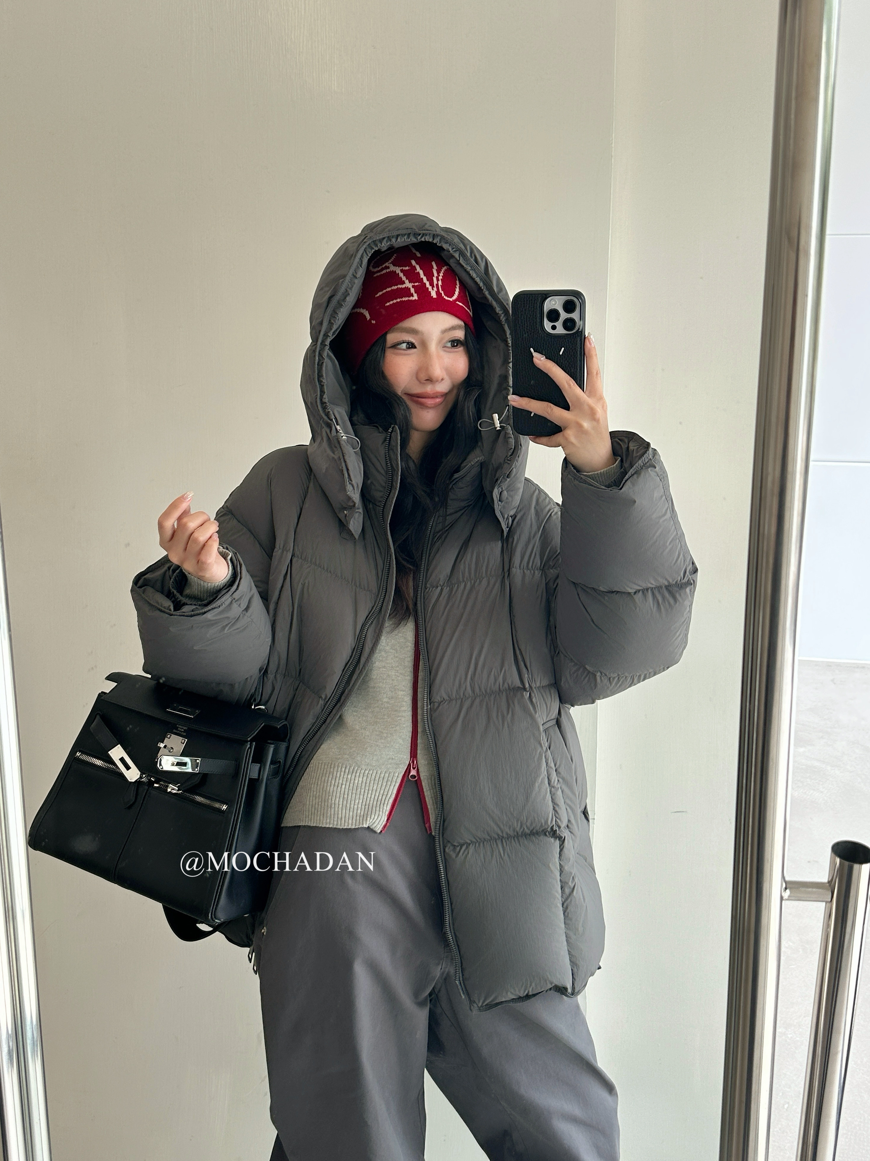 MOCHA DAN韩系百搭连帽宽松简约中长款90白鸭绒羽绒服加厚外套潮