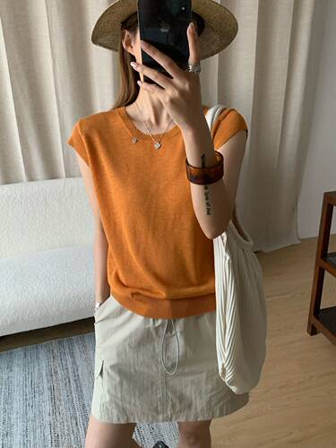 bin dian缤典韩系圆领后背纽扣针织短袖上衣女夏季飞飞袖打底衫潮