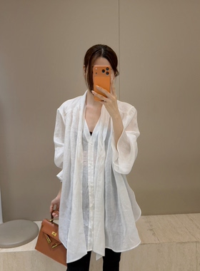 摩登mdeng法式V领飘带苎麻衬衫女春2026新款百搭宽松衬衣G310001