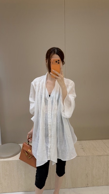 摩登mdeng法式V领飘带苎麻衬衫女春2026新款百搭宽松衬衣G310001