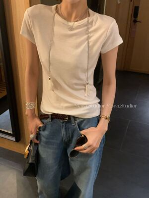 MONA韩系设计感圆领短袖T恤女夏季26新款百搭撒银天丝羊毛打底衫