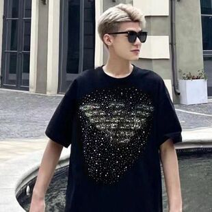 夏季重磅纯棉烫钻短袖t恤男士打底衫2025新款精神小伙潮牌上衣服