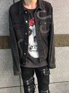 精神小伙刺绣黑蛇外套男士潮牌炸街高街工装牛仔夹克韩版潮流上衣