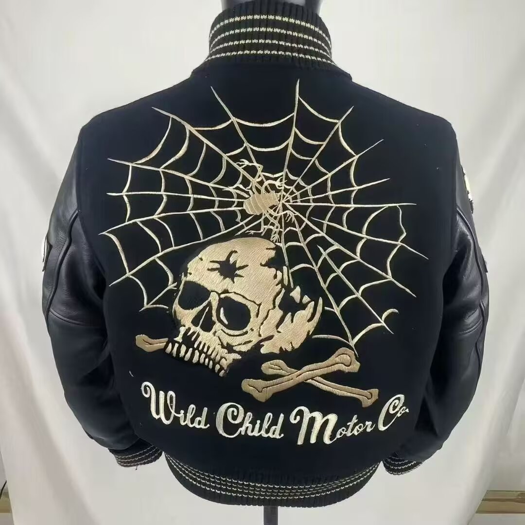 网红同款东洋骷髅蜘蛛棒球服男士修身立领vibe拼接短宽PU皮外套男