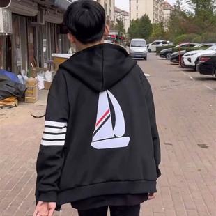 外套男女四道杠加绒卫衣潮牌情侣装 秋冬网红同款 帆船连帽拉链开衫