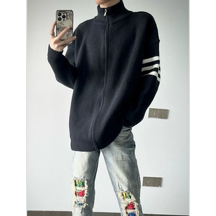 秋冬季精神小伙高领开衫毛衣男女网红同款外套潮流条纹拉链针织衫