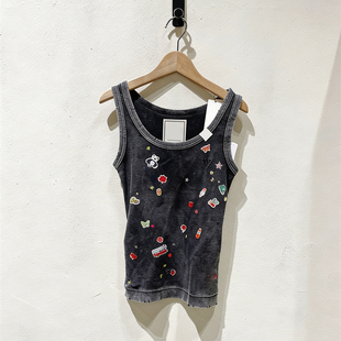26春夏新款 小众黑色做旧卡通印花背心修身 显瘦休闲上衣女 生产