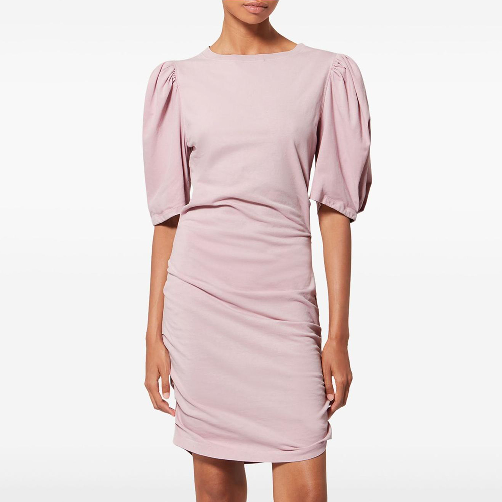 纯色圆领抽褶泡泡袖连衣裙