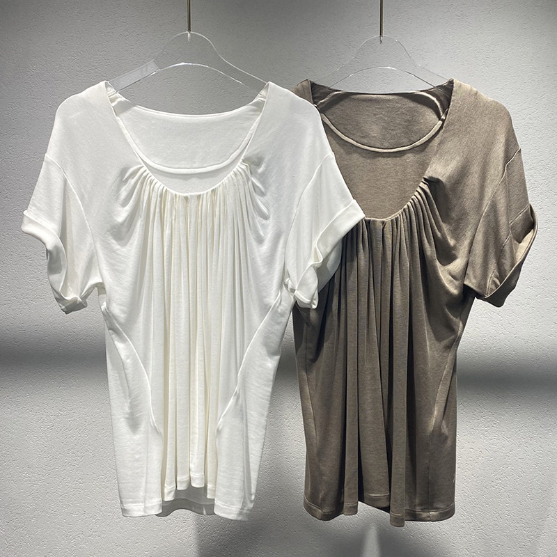 【现货】2025夏新款U型低领口褶皱天丝羊毛上衣宽松卷边短袖T恤女,女装/女士精品,T恤,淘宝优惠券,粉丝福利购,淘宝优惠卷