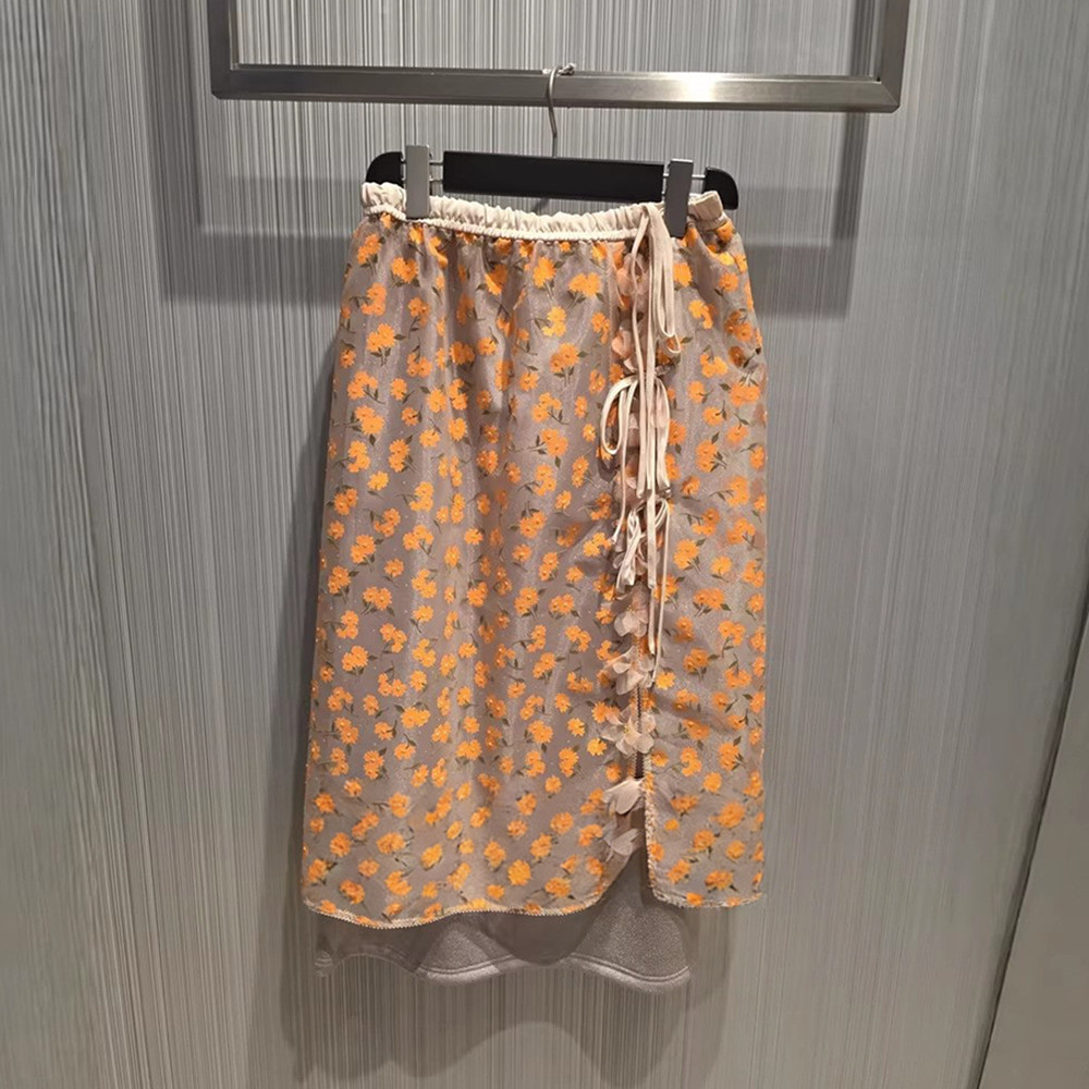 糖果风印花A字半身裙女高腰系带中长款休闲裙橘色碎花裙