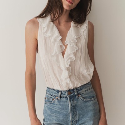 【现货】夏季新款白色蕾丝边拼接荷叶边领上衣宽松百搭无袖衬衫女