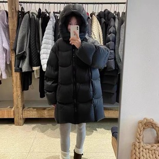 【现货】连帽中长款防风羽绒服女冬季新款保暖白鸭绒面包服外套潮