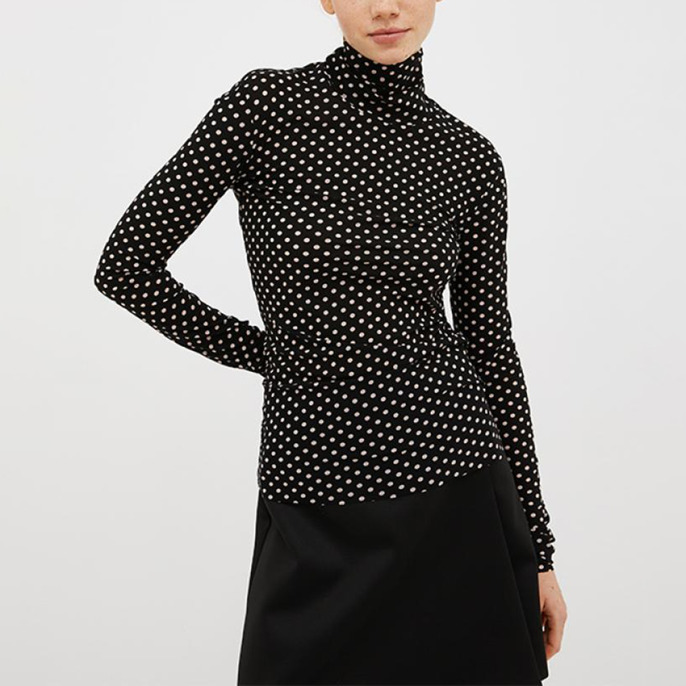 2025秋冬新款小众黑色波点高领网纱长袖T恤修身显瘦打底衫上衣女