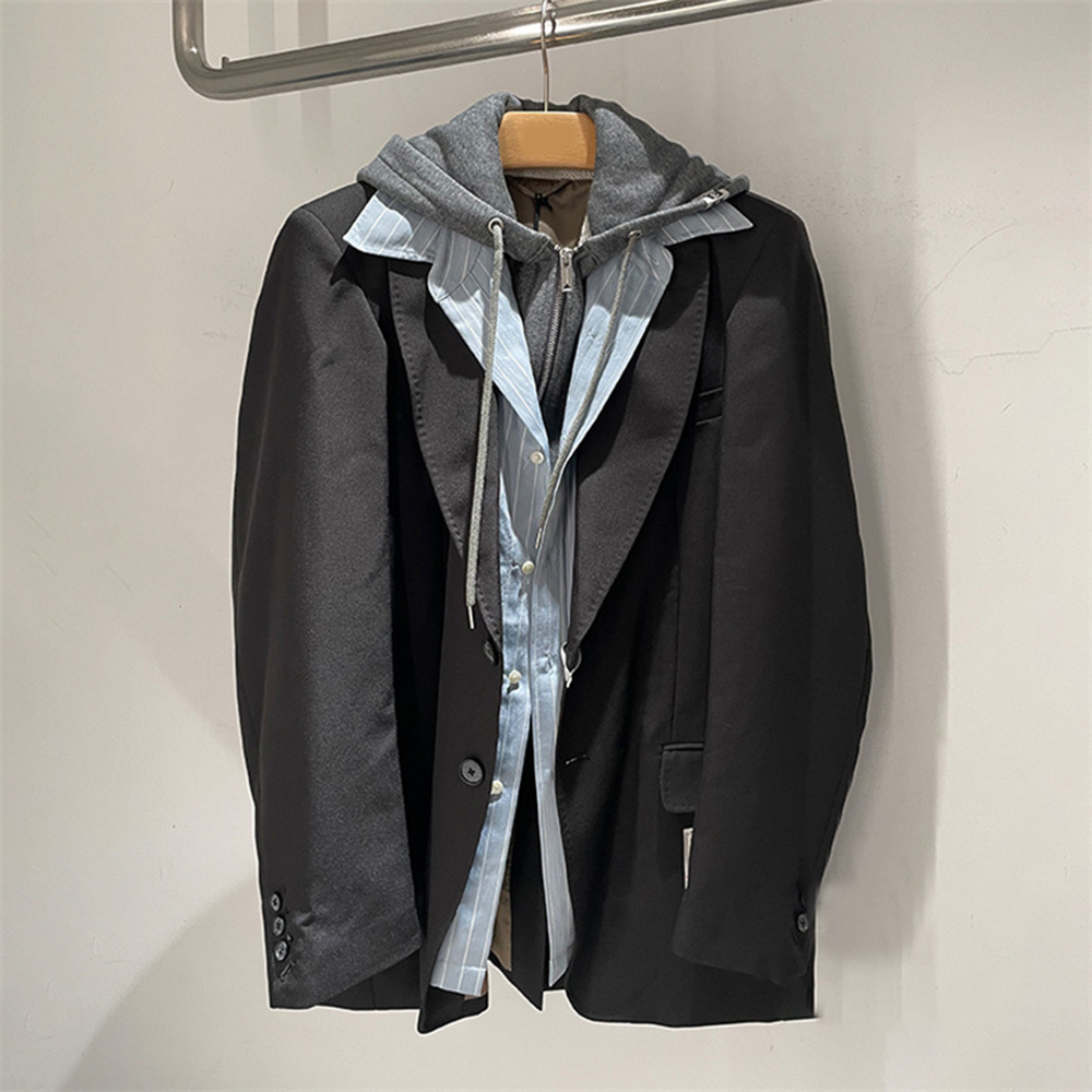 撞色连帽假三件长袖西装