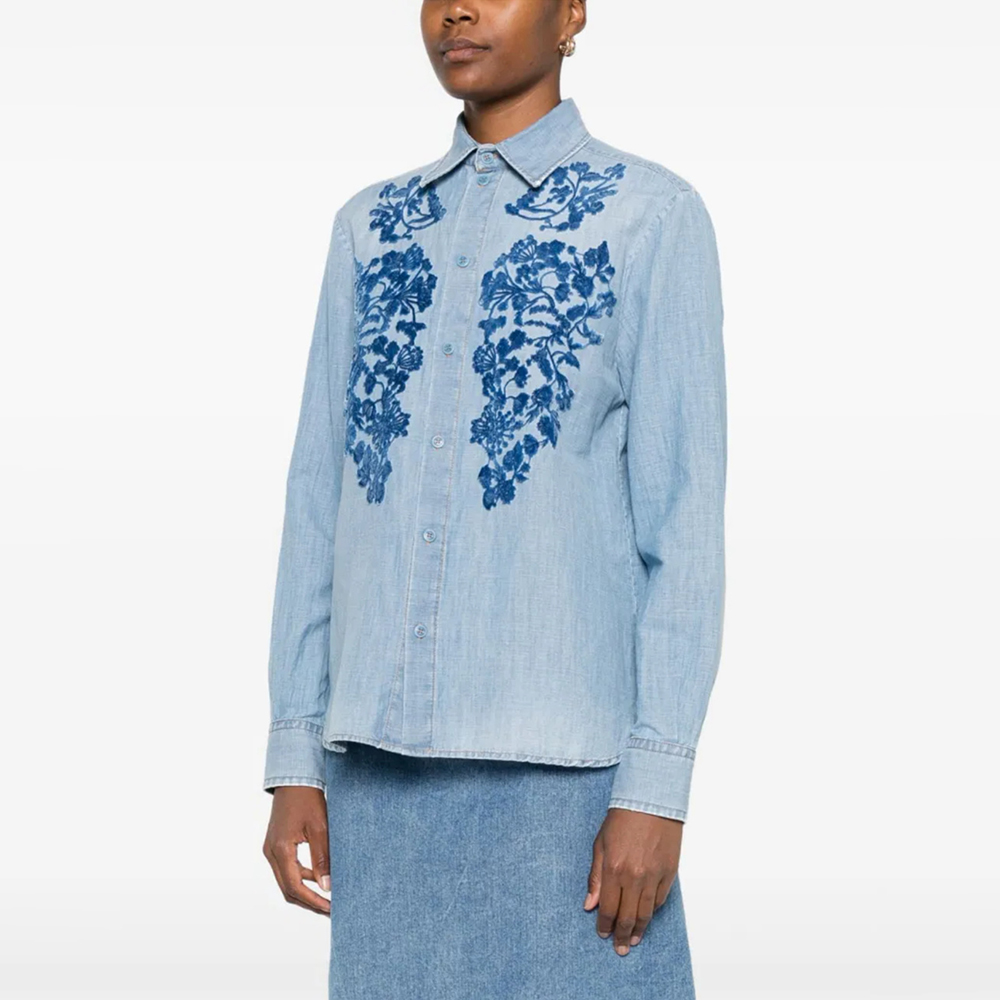 蓝色翻领花卉刺绣长袖牛仔衬衫
