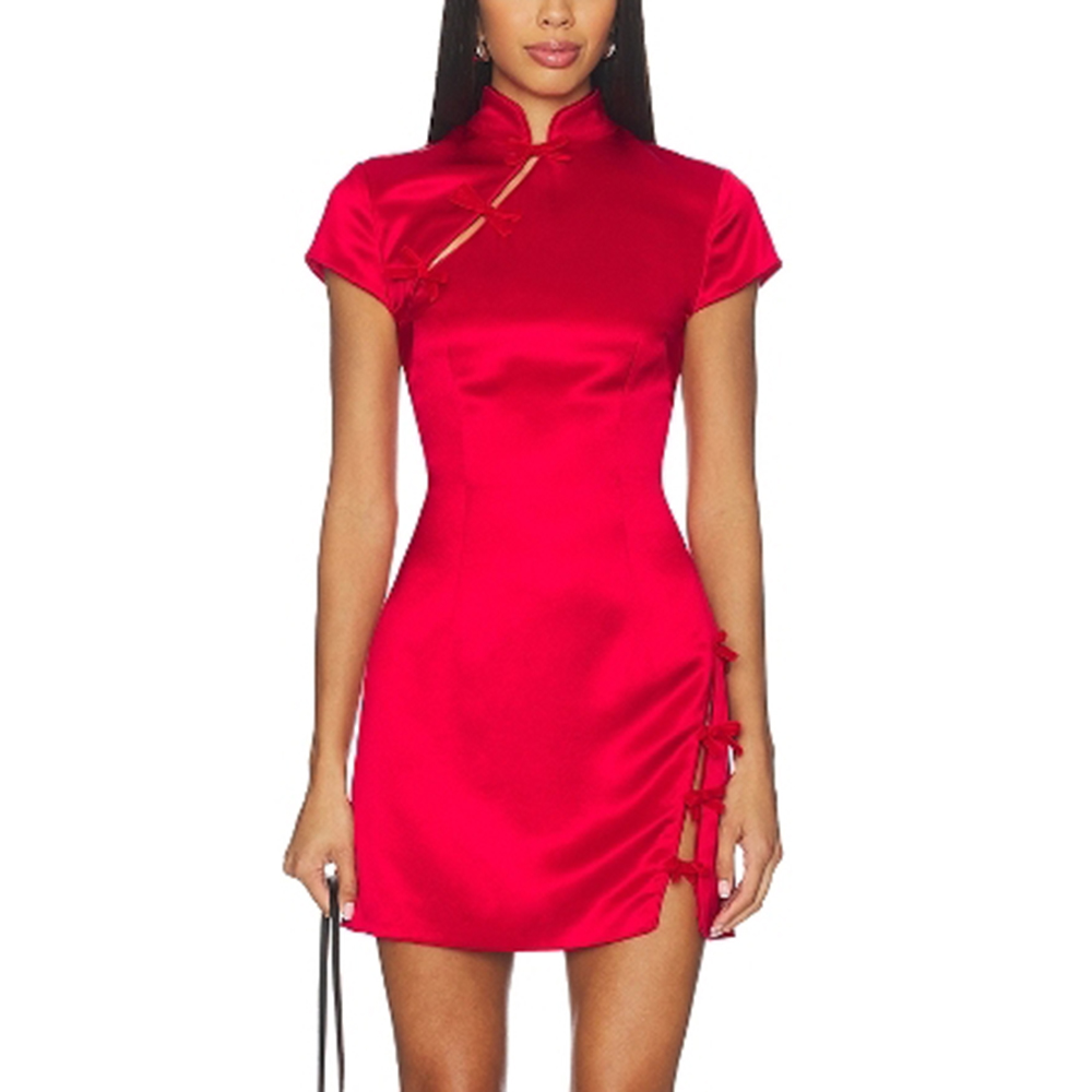 红色立领中式旗袍连衣裙女