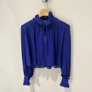 【现货】2026早春新款小众荷叶边立领泡泡长袖衬衫显瘦短款上衣女