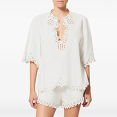 2026早春新款 上衣女 宽松百搭短款 小众纯色V领镂空刺绣中袖 衬衫