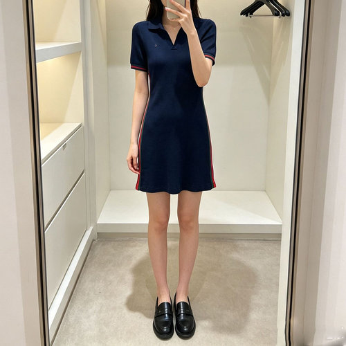 【现】2026夏季新款小众复古条纹Polo领修身显瘦短袖针织裙女
