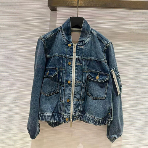2026秋冬新款小众水洗蓝工装牛仔外套女立领双拉链多口袋短款夹克
