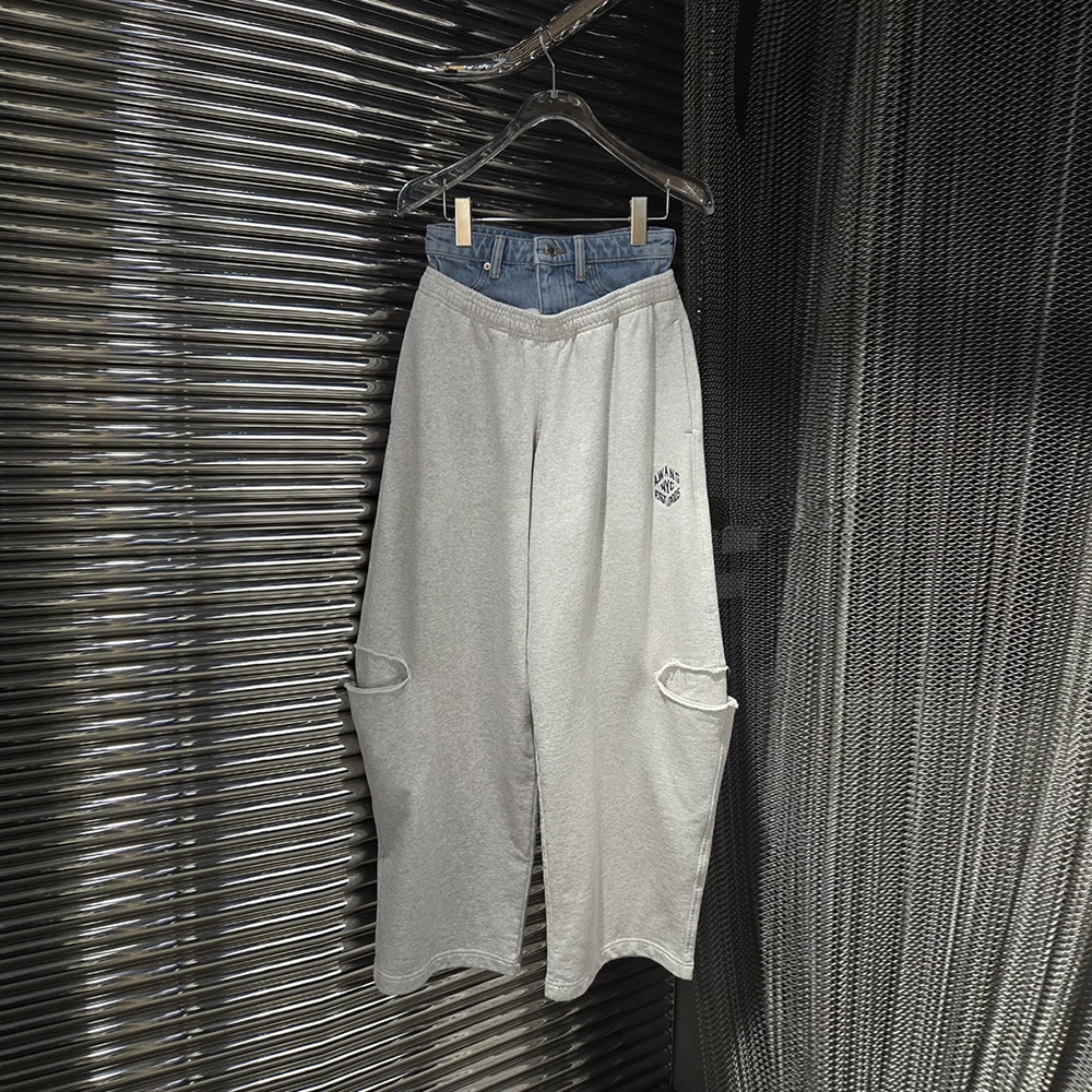 【现货】2026新款小众设计感高腰直筒长裤女牛仔拼接宽松运动卫裤