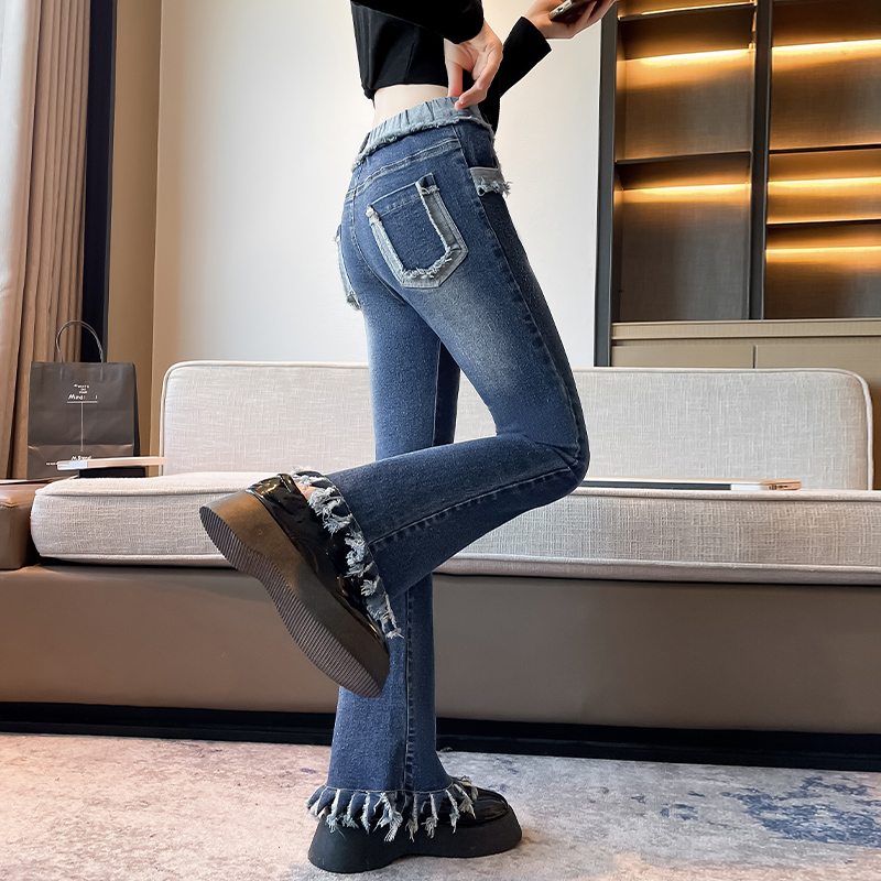 女童流苏牛仔喇叭裤2025春秋新款儿童韩版微辣休闲毛边弹力裤子潮