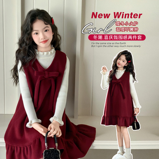 儿童过新年喜庆衣服女孩拜年服 2025年新款 女童红色连衣裙套装 冬季