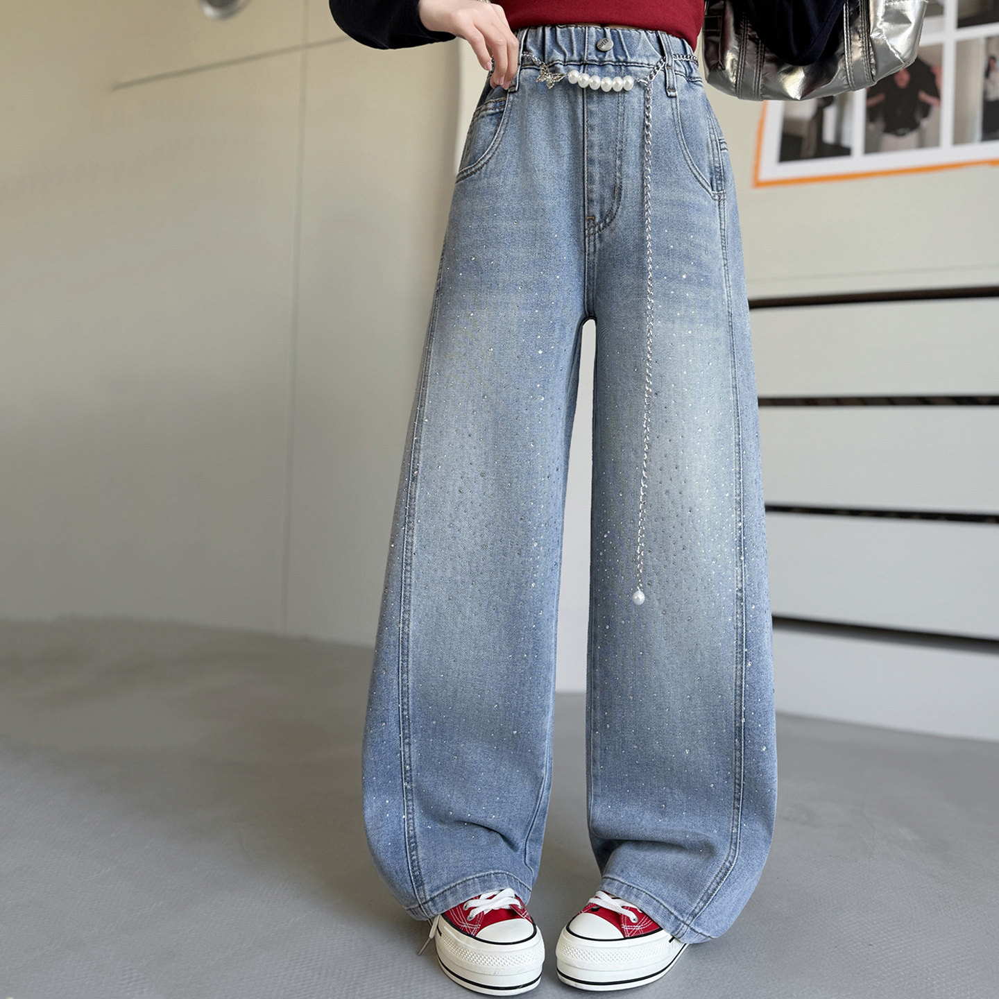 女童满天星牛仔裤春秋2026新款女大童洋气烫钻弯刀阔腿裤春装裤子,童装/婴儿装/亲子装,裤子,淘宝优惠券,粉丝福利购,淘宝优惠卷