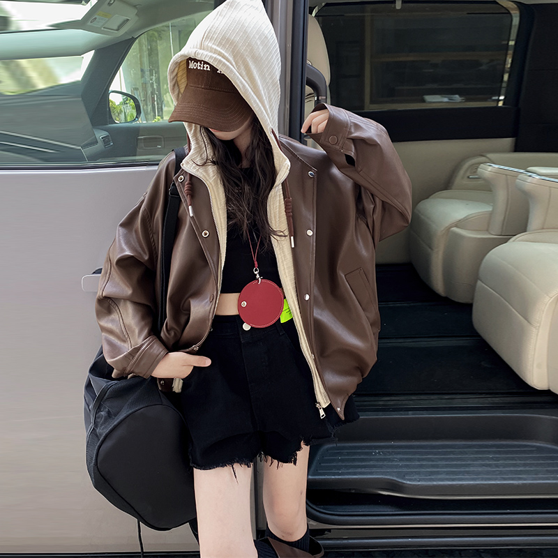 女童新款夹克皮衣外套2025春季女孩连帽上衣宽松休闲韩范网红童装
