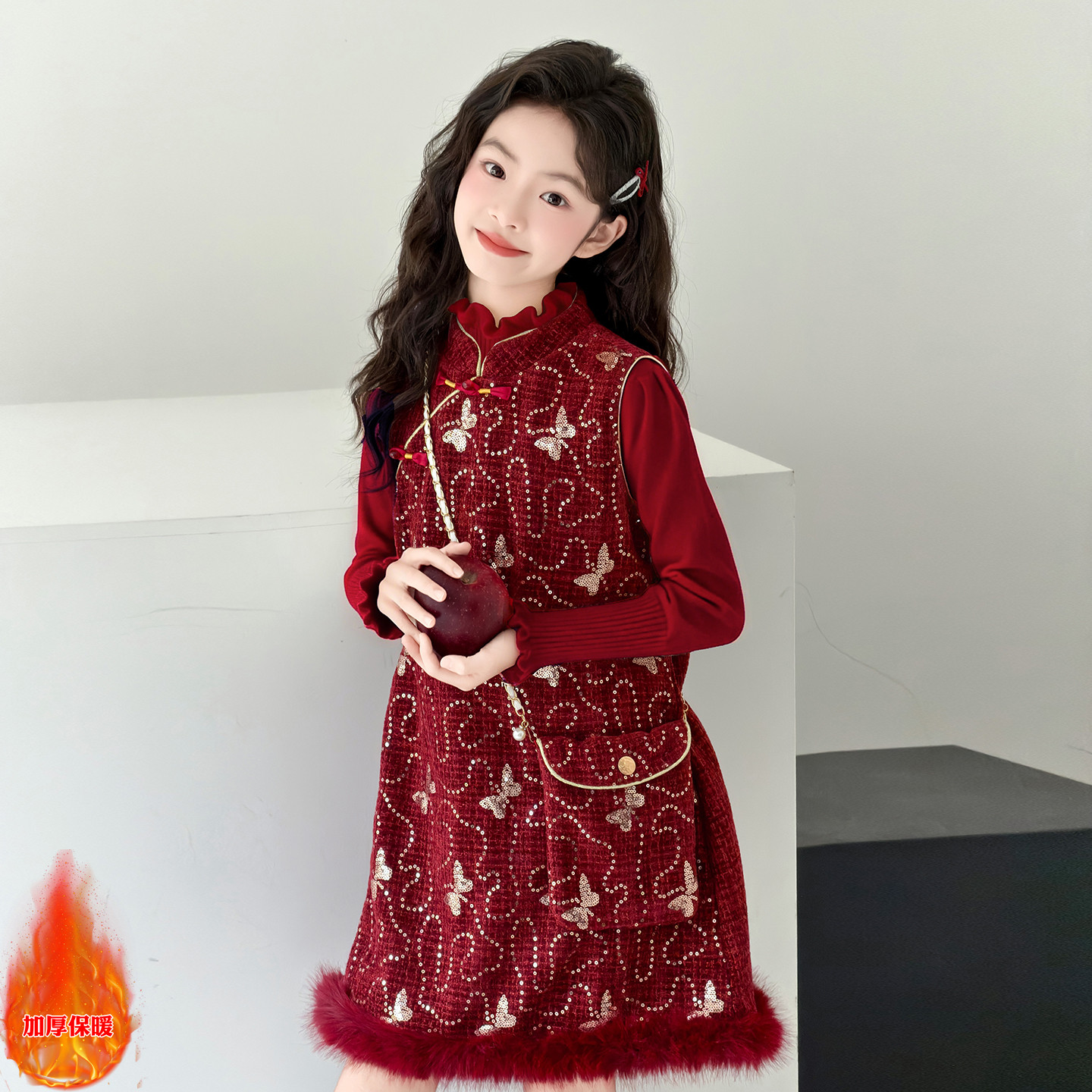女童红色拜年加厚毛衣连衣裙套装