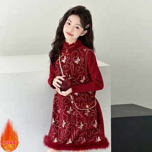 女童红色拜年服2026新款冬季大童加绒加厚毛衣连衣裙儿童女孩套装