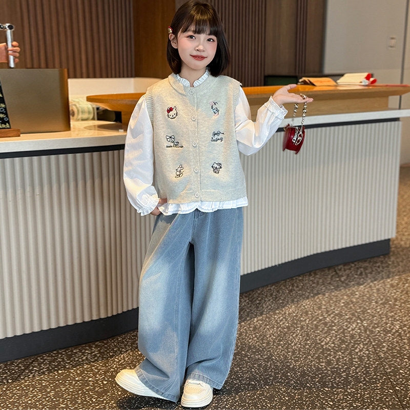 女童学院风套装2026早春新款女孩针织马甲衬衫牛仔裤儿童装三件套,童装/婴儿装/亲子装,套装,淘宝优惠券,粉丝福利购,淘宝优惠卷