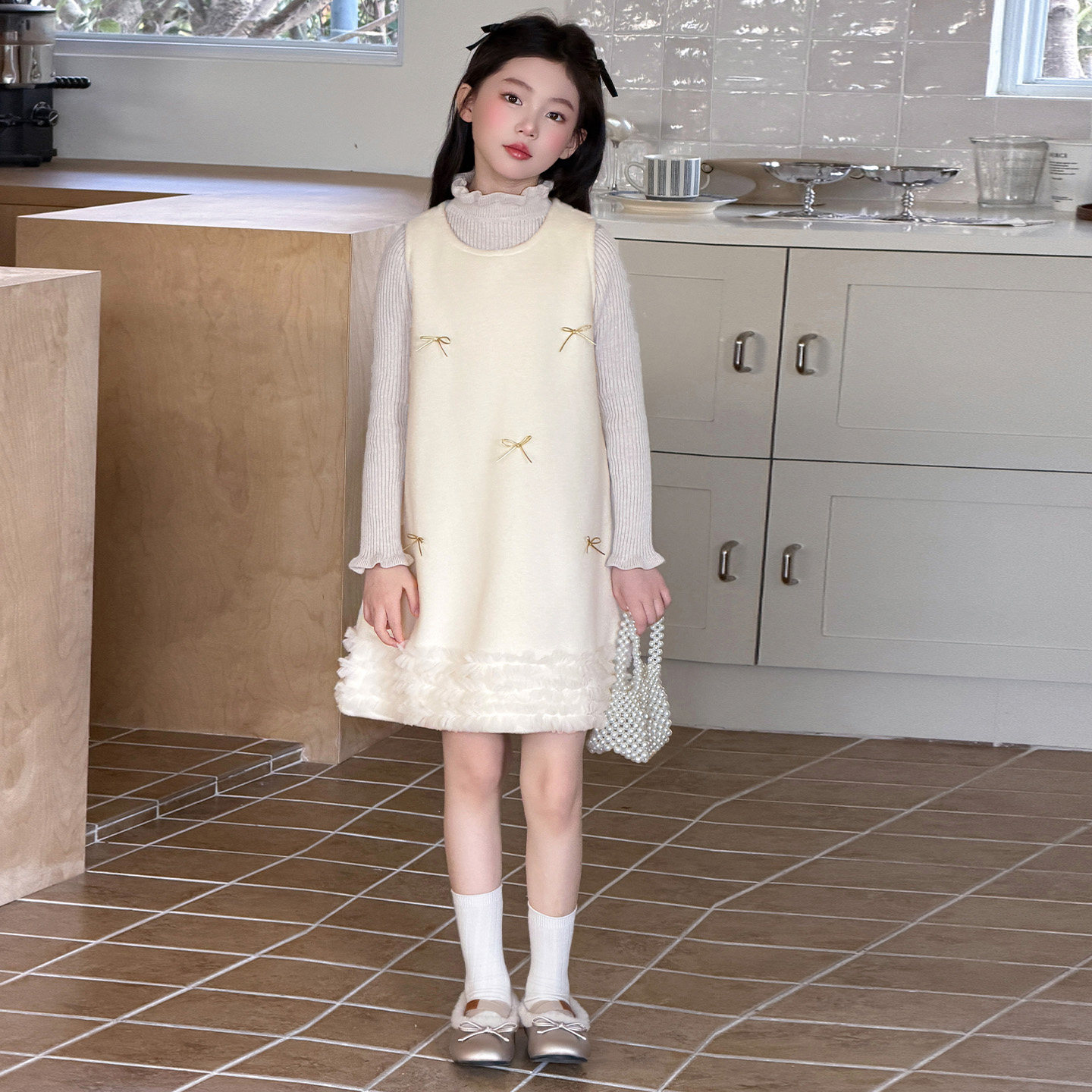 女童秋冬新款蝴蝶结呢子背心裙套装儿童冬季加厚花边连衣裙两件套