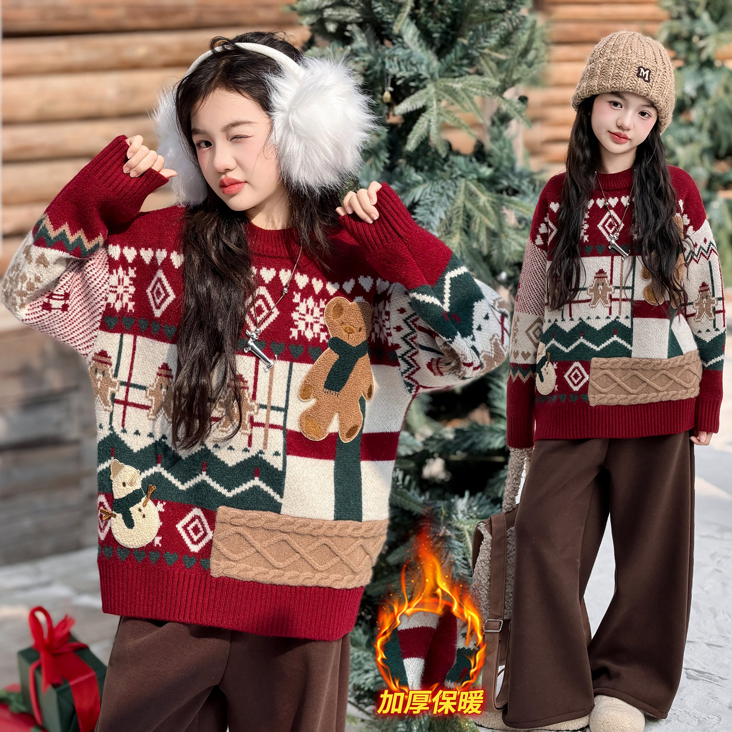 女童加厚年服圣诞节款红色毛衣