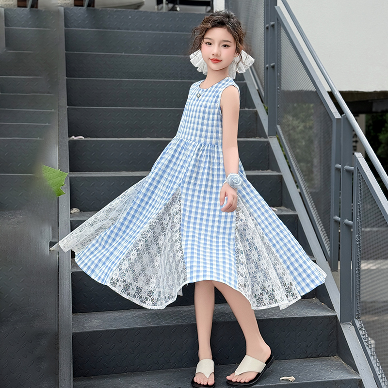 女童韩版蕾丝格子背心连衣裙2025夏季新款儿童洋气拼接无袖吊带裙