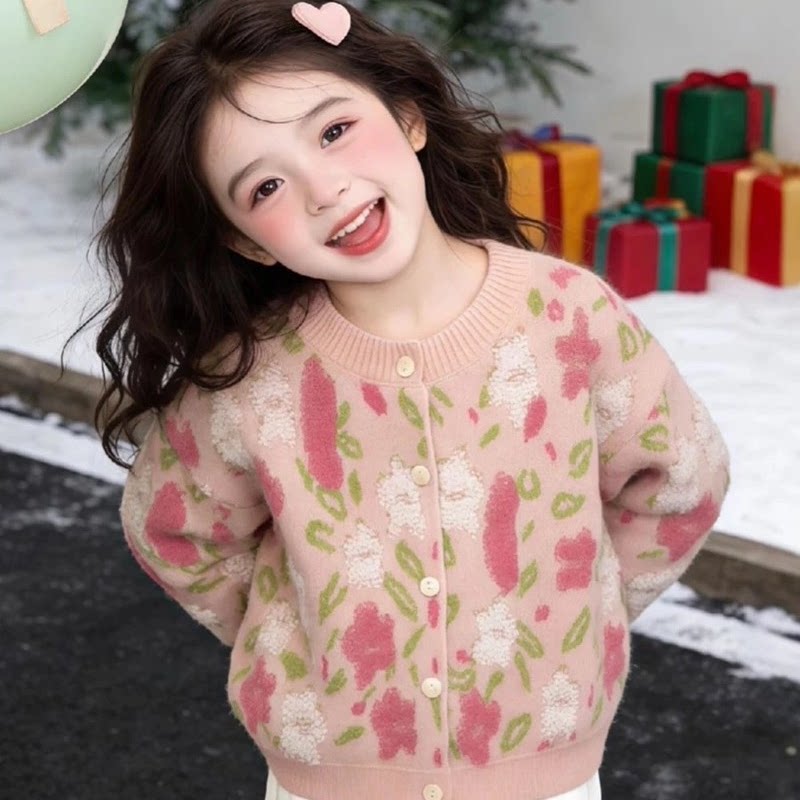 女童针织开衫外套秋冬甜美撞色花朵保暖短款毛衣针织衫,童装/婴儿装/亲子装,毛衣/针织衫,淘宝优惠券,粉丝福利购,淘宝优惠卷