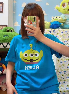 【像素三眼仔】自制可爱童趣玩总卡通重磅显白宝蓝色短袖男女T恤