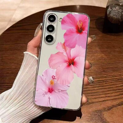 粉色扶桑花适用三星S21手机壳s22ultra保护全包镜头NOTE20软壳galaxys23  s24 s25plus透明软套