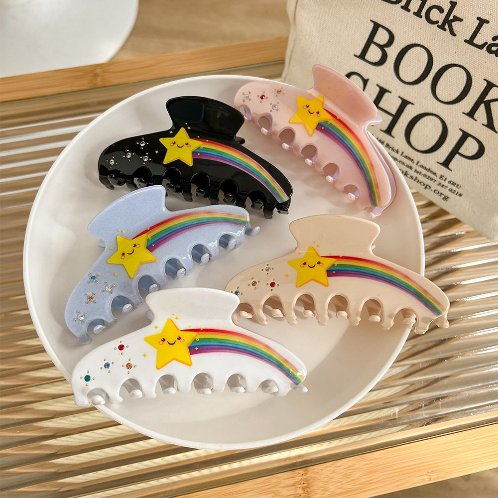 彩虹五角星发夹 糖果色盘发夹子醋酸抓夹大发量镶钻后脑勺鲨鱼夹