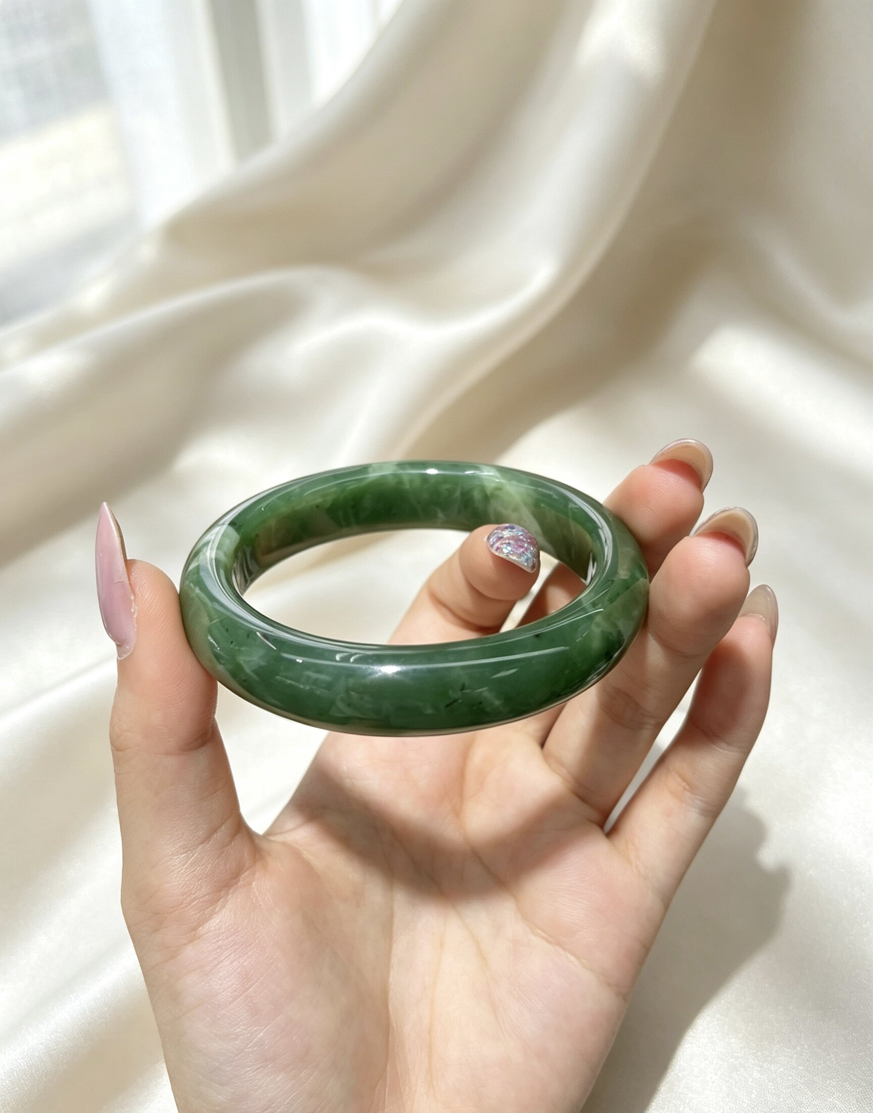 天然俄罗斯碧玉手镯女款平安镯天然老料玉石 一物一链接、内径56