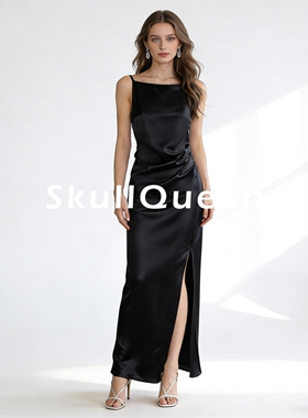 春夏款高端进口醋酸缎面一字领吊带连衣裙女褶皱收腰开衩包臀长裙