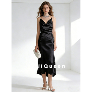 进口醋酸缎面荡领吊带连衣裙斜裁收腰长裙晚礼服小黑裙女小个子