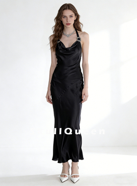进口醋酸缎面无袖挂脖水钻扣荡领露背连衣裙斜裁收腰晚礼服长裙女